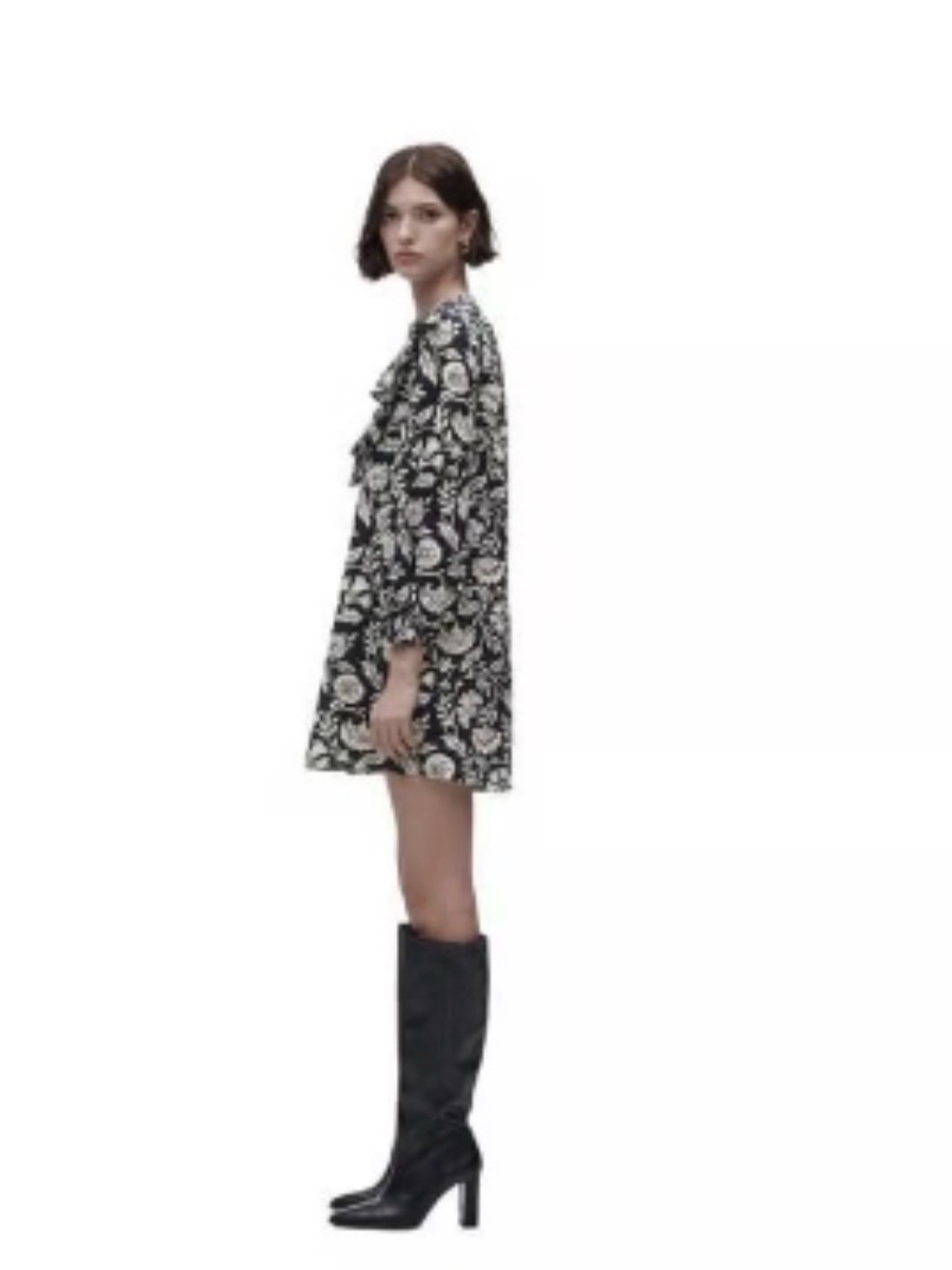 Zara Black & White Floral Ruffle Long Sleeve Dress